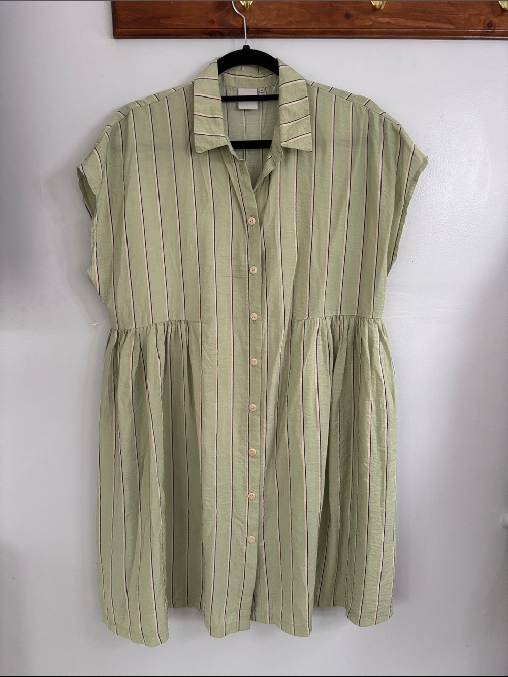 Striped Sage Green Button-Front Mini Dress